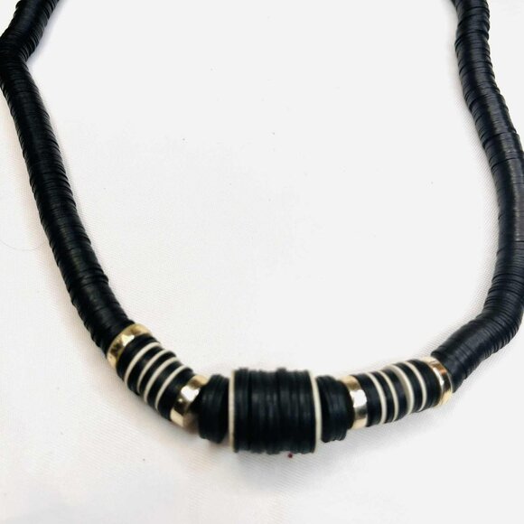 Vintage Handmade Black Disc Necklace 1980s, Layered Plastic Discs & Metal Accent - Picture 2 of 7